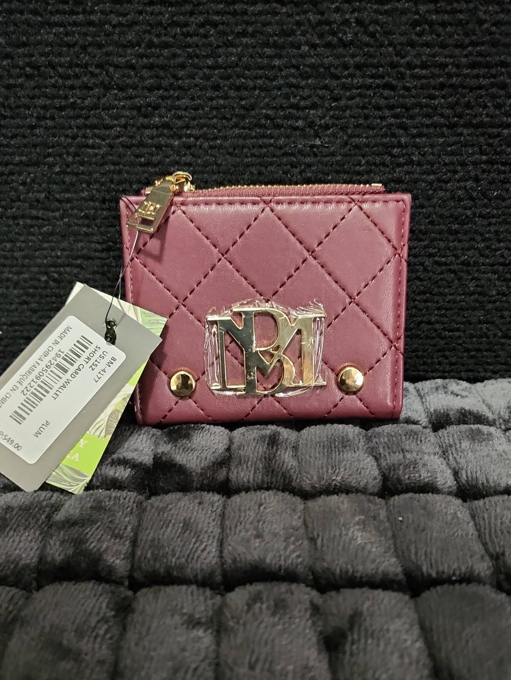 NWT Badgley Mischka Quilted Plum Mini Wallet with Gold Accent